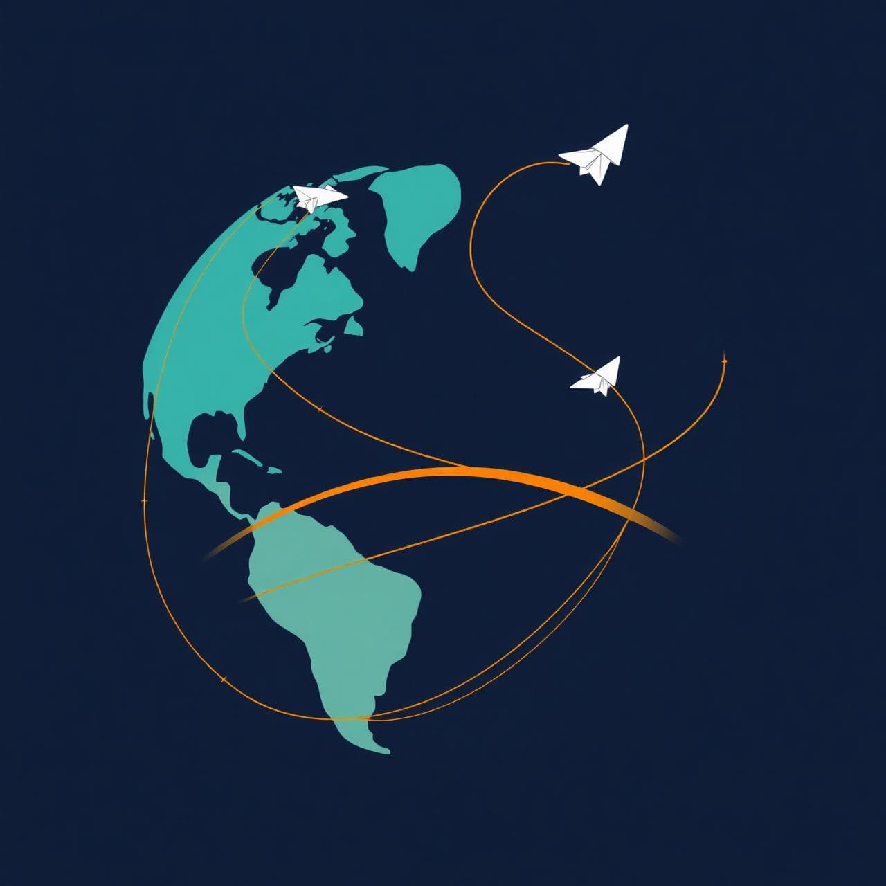 Illustrated globe with paper-plane routes connecting continents